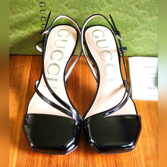 $850 Brand New 100% Auth Gucci Vitello Vernice Sandals Black Leather G 37 US 7 - Picture 2 of 14